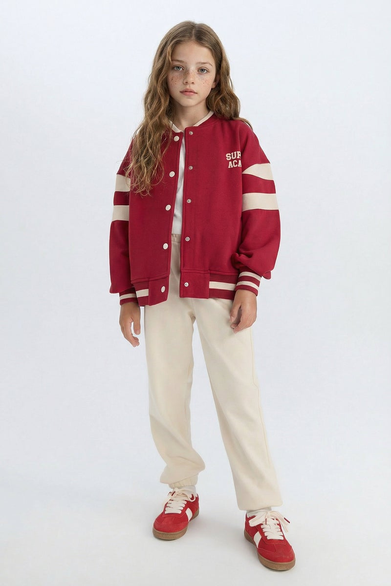 DeFacto Red Girl Girl College Collar Printed Snap Closure Soft Furry Inside Bomber Jacket Casual - Image 2